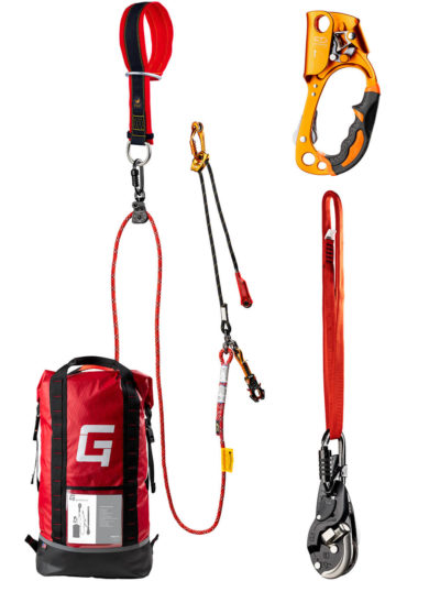 G4 Assist Kit comprises of waterproof G4 accessory bag containing Edelrid KAA 80 cm adjustable lanyard, DMM Perfecto alloy connector with CB, Z-Rig system with 4 Petzl Basic Compact Ascender, 6 Petzl Spin S1 Open, 5 Petzl Spin S1, 7 Kong Anchorage Device, 9 DMM Perfecto alloy connector without CB